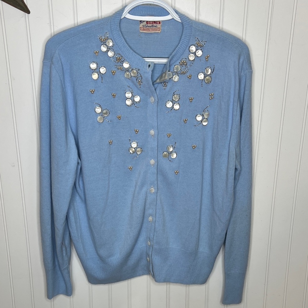Vintage Dainty Blue Cardigan with Floral Embellishments Size Medium